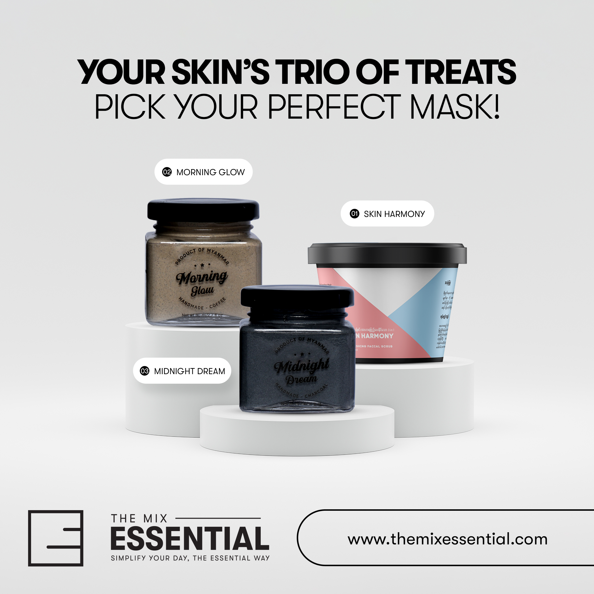 𝐘𝐨𝐮𝐫 𝐒𝐤𝐢𝐧’𝐬 𝐓𝐫𝐢𝐨 𝐨𝐟 𝐓𝐫𝐞𝐚𝐭𝐬 – 𝐏𝐢𝐜𝐤 𝐘𝐨𝐮𝐫 𝐏𝐞𝐫𝐟𝐞𝐜𝐭 𝐌𝐚𝐬𝐤 ! – The Mix Essential